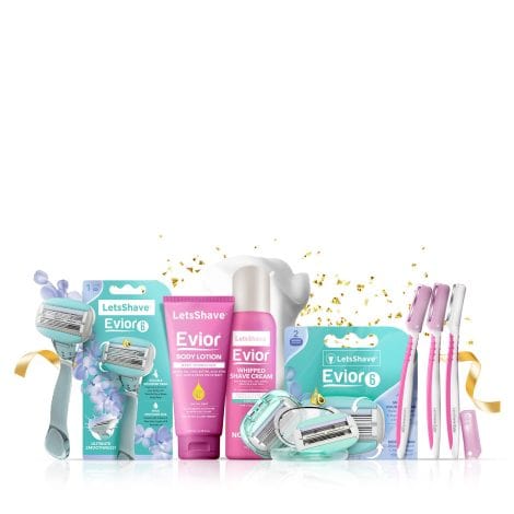 Introducing the Let’sShave Evior 6 Premium Gift Set for Women: 6-blade body razor, face razors, cream, lotion.