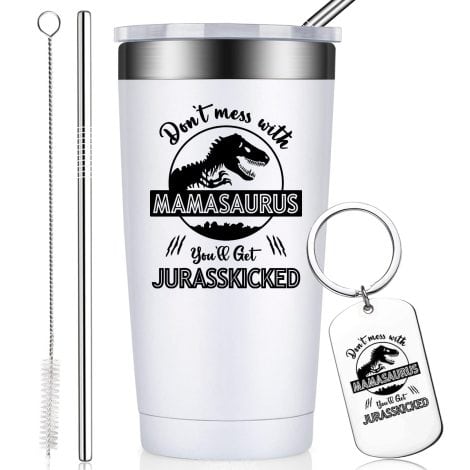 Funny and unique 20oz Mamasaurus Tumbler, a perfect gift for Indian moms on Mother’s Day or birthdays.