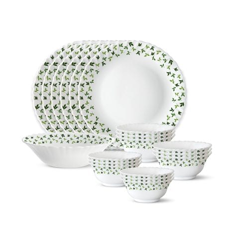 Larah by Borosil, a beautiful Sage Silk Series Opalware Dinner Set for a family of 6. Enjoy the convenience of microwave and dishwasher safe crockery set, perfect for dining and gifting. White plates and bowls, completely bone-ash free.