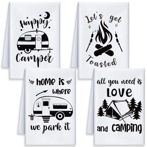 Get farmhouse-themed kitchen towels for camping enthusiasts. Perfect gift for housewarming, decorated with fun quotes.