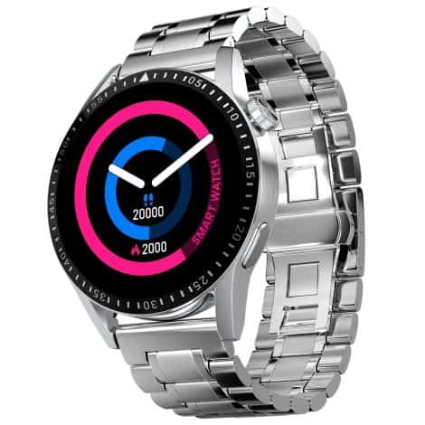 Luxury Smart Watch with Stainless Steel Strap, Round Display, Bluetooth Calling, Health Monitoring, and Voice Assistant.