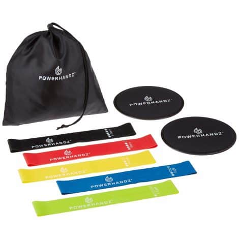 POWERHANDZ PowerPack is a fitness bundle with 5 latex bands, 2 sliders, and a drawstring bag.