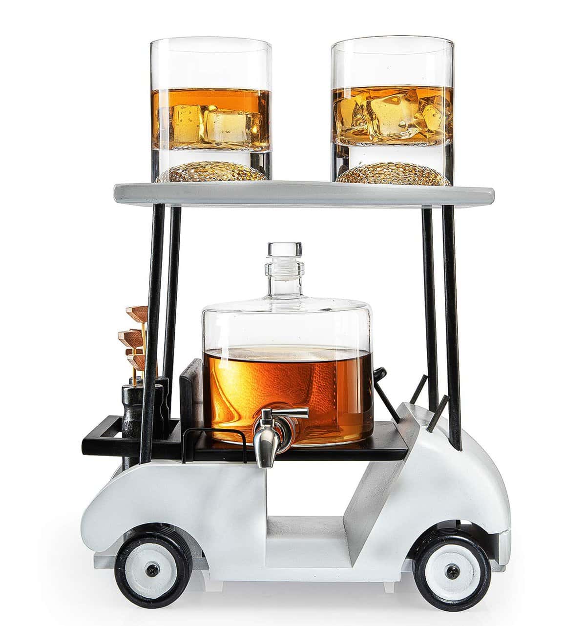 Golf Decanter Whiskey Decanter and Whiskey Glasses - The Wine Savant, Golf Gifts for Both Men & Women, Based on A Wooden Replica Golf Cart (800ml Decanter 8 Ounce Glasses)