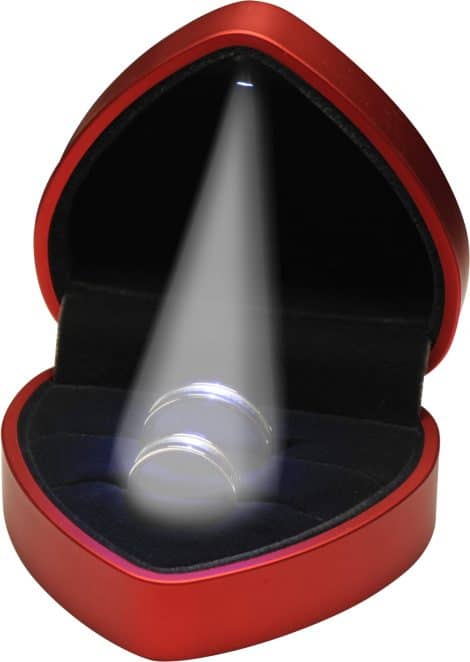 Luxurious LED Heart-Shaped Ring Box with Red Light. Perfect for weddings, engagements, birthdays, and special occasions.