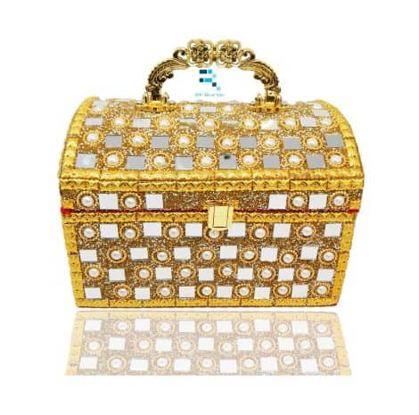 RK Brands Golden Wooden Vanity Box with Pearl, Mirror Work for Indian women and brides (Design 1).