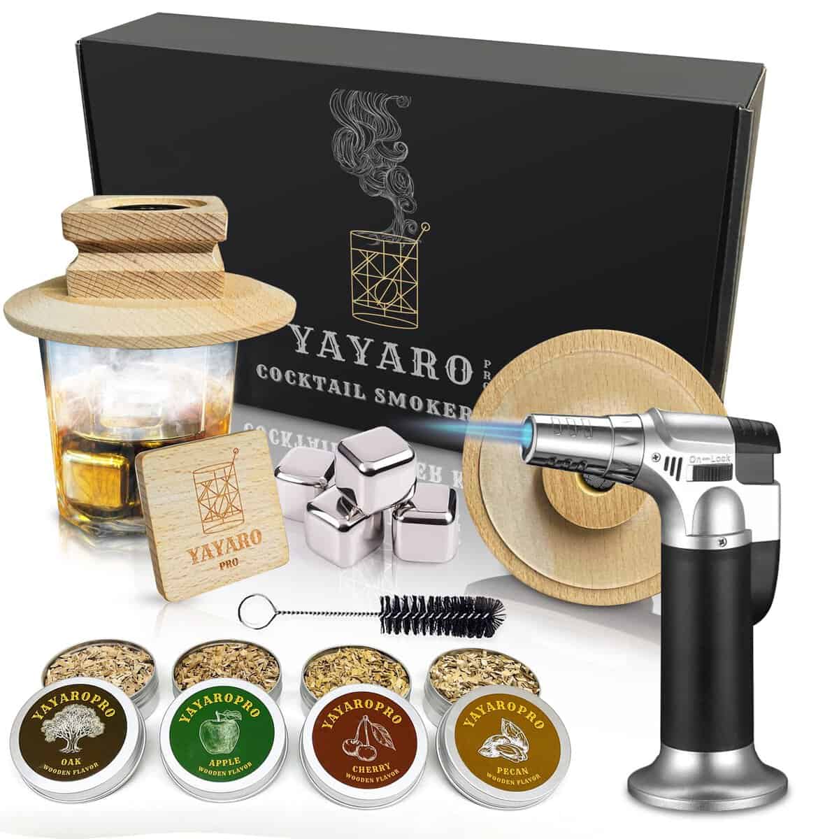 Cocktail Smoker Kit with Torch, Whiskey Stones, Bourbon Smoker Kit for Cocktail & Drinks, 4 Flavors Wood Chips. Whiskey Smoker Infuser Kit with Silicon Gasket for Bartender & Home Bar Accessories