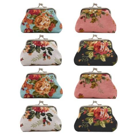 Get 8 adorable, vintage-style coin purses with floral buckles in white, black, pink, and blue. Perfect for gifting!