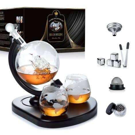 WEEBNG Whiskey Decanter with 2 Glasses, Ice Cubes, and Cleaning Beads – Perfect Liquor Gift Set.