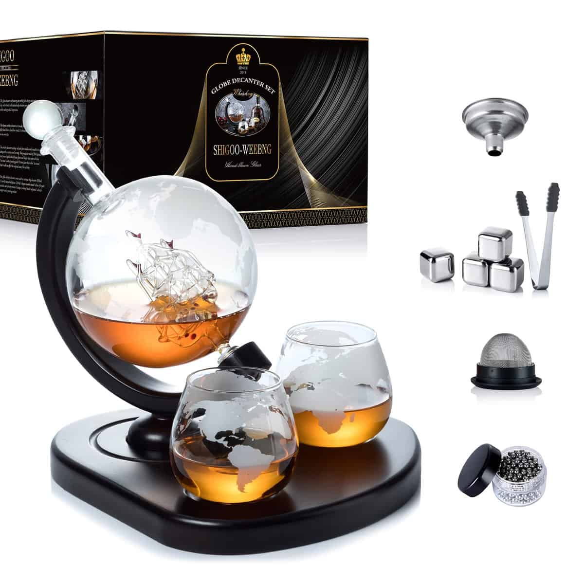 WEEBNG Whiskey Decanter,Globe Wine Decanter Set with 2 Glasses,Cleaning Beads,4 Stainless Steel Ice Cubes and Ice Tong,Beverage Drink Dispenser - Gift Set for Liquor, Scotch, Bourb (Two-Glasses-Set)