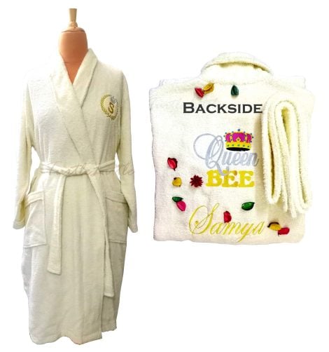 TurtleLittle’s 350 GSM Ivory White Queen Bee Bathrobe, personalized for you with name and initials.