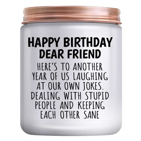 Celebrate her special day with a humorous lavender-scented candle – an ideal birthday gift for women.