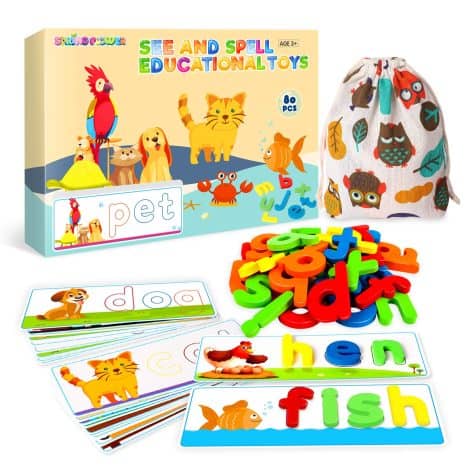 Educational Toy Set: SpringFlower See & Spell, Montessori Game for 3-6 year olds, learn letters and words, 80 pieces.