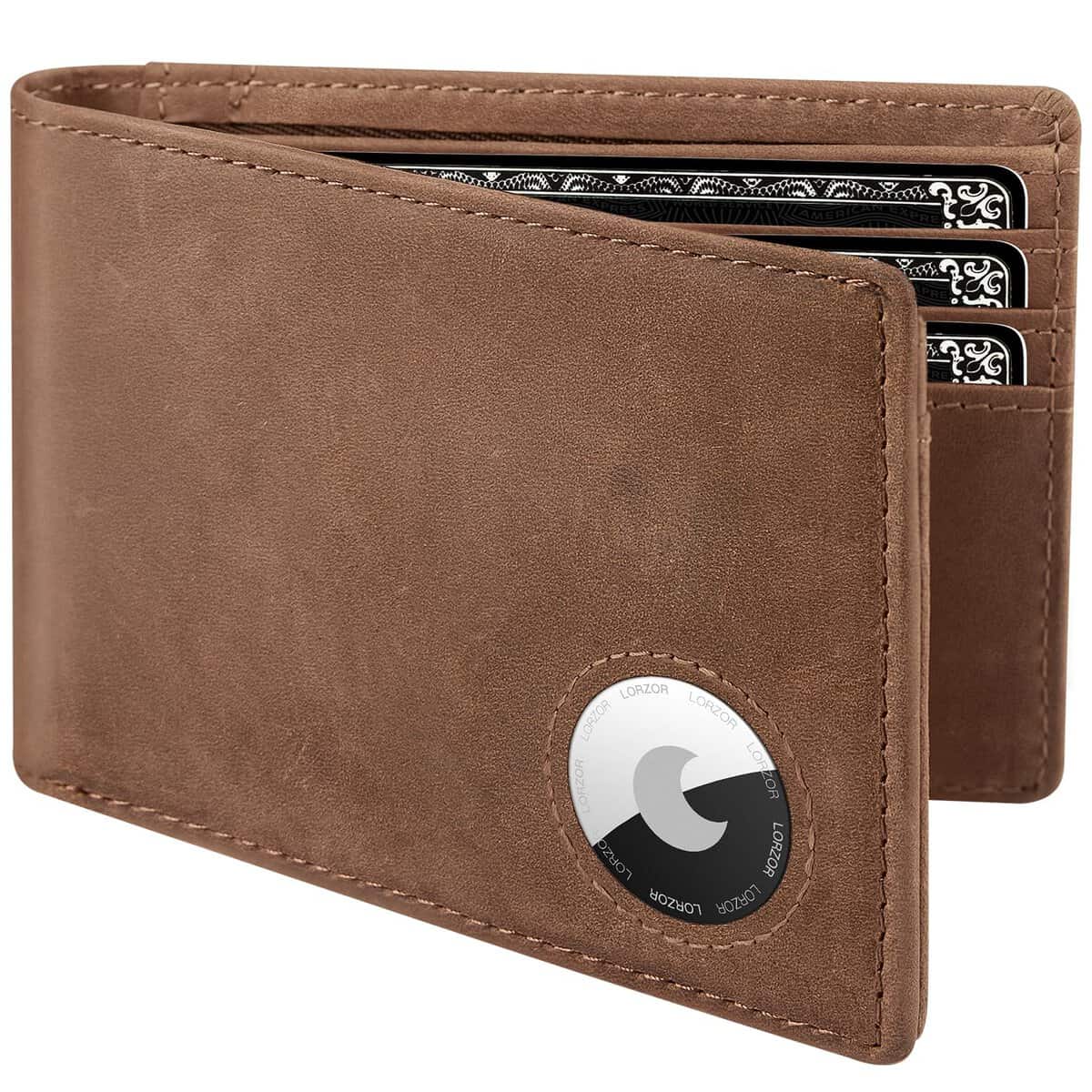 Mens Wallet for Apple AirTag, Bifold Full Grain Leather AirTag Wallet for Men, RFID Blocking Minimalist Front Pocket Air Tag Wallet, ID Window, up to 12 Cards Gift for Men