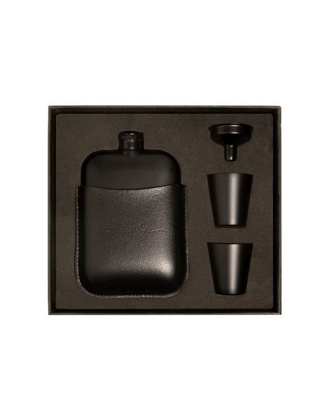 Matte Black Leather Flask Set – Includes Flask, Funnel, Shot Glasses. Great for Camping, Gifts, Whiskey – Men’s Set.