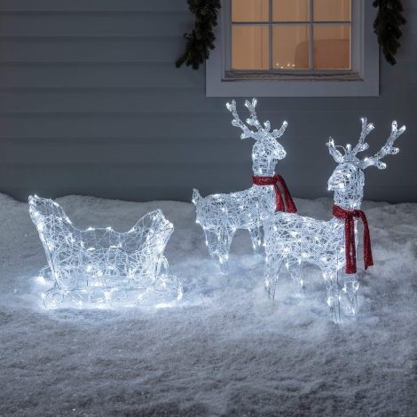 Battery-powered Christmas decorations featuring reindeer and sleigh, brought to you by Lights4fun, Inc.