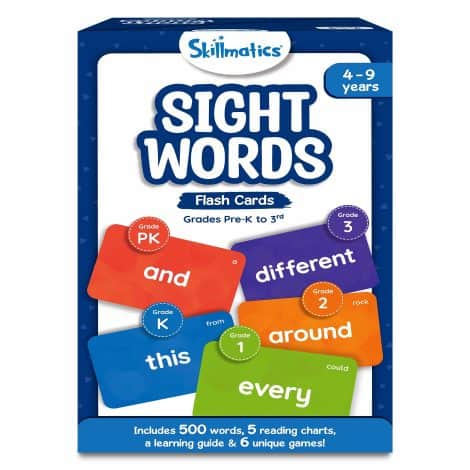 Get Skillmatics Flash Cards with 500 commonly used words, fun games, and suitable for preschool to 3rd grade.