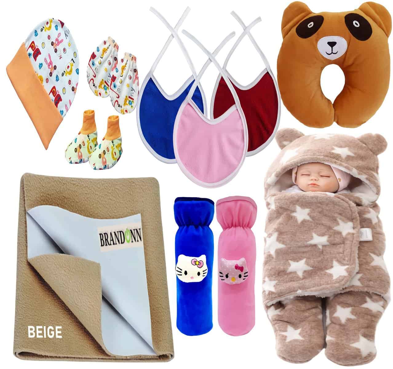 First Kick New Born Baby Gift Set Combo Pack for Baby Boys and Baby Girls Pack of 11 Pcs Stars Beige