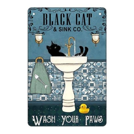 Humorous Bathroom Vintage Metal Sign – Black Cat Reminds You to Clean Your Hands – Cool Home Decor.