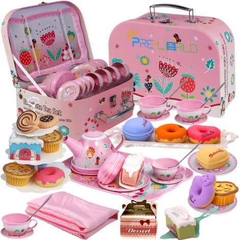 PRE-WORLD HABOTE Tea Party Set for Little Girls with Princess Tea Time Toy, Including Dessert, Cookies, and more. Suitable for children aged 3-6.