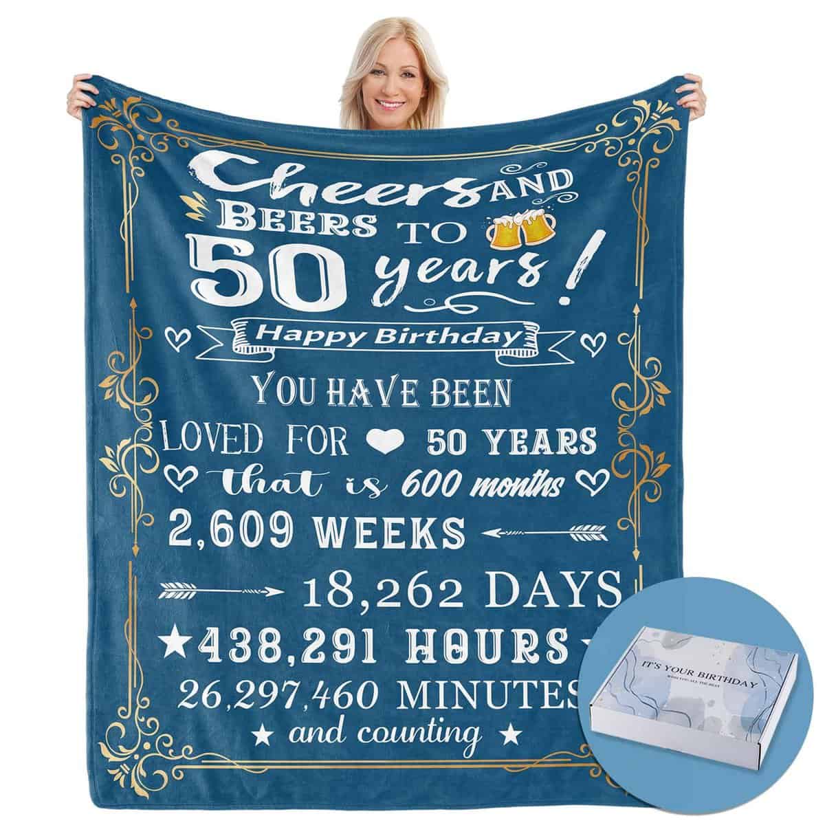 Budalagong 50th Birthday Gifts for Men with Gift Box, Men's 50 Year Old Birthday Gift Ideas, 50"x60" Blanket Gifts for Him, Birthday Decorations for Dad Husband Boyfriend Friends (Blue)