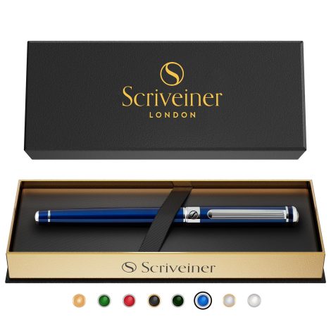Scriveiner Midnight Blue Rollerball Pen: Exquisite luxury pen in deep blue lacquer, with chrome finish and Schmidt ink. Perfect Father’s Day gift for men and women, ideal for professionals and executives. Classy pen for office use, an elegant choice.
