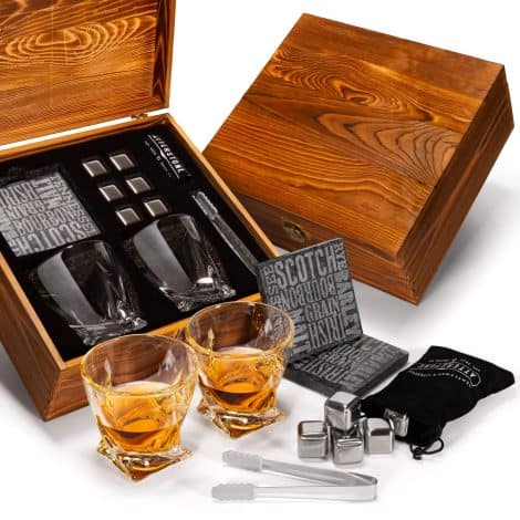 Gift set for whiskey lovers: Atterstone Cocktail Whiskey Glass Set with 2 glasses, 6 chilling stones, tongs, coasters, and a wood box.