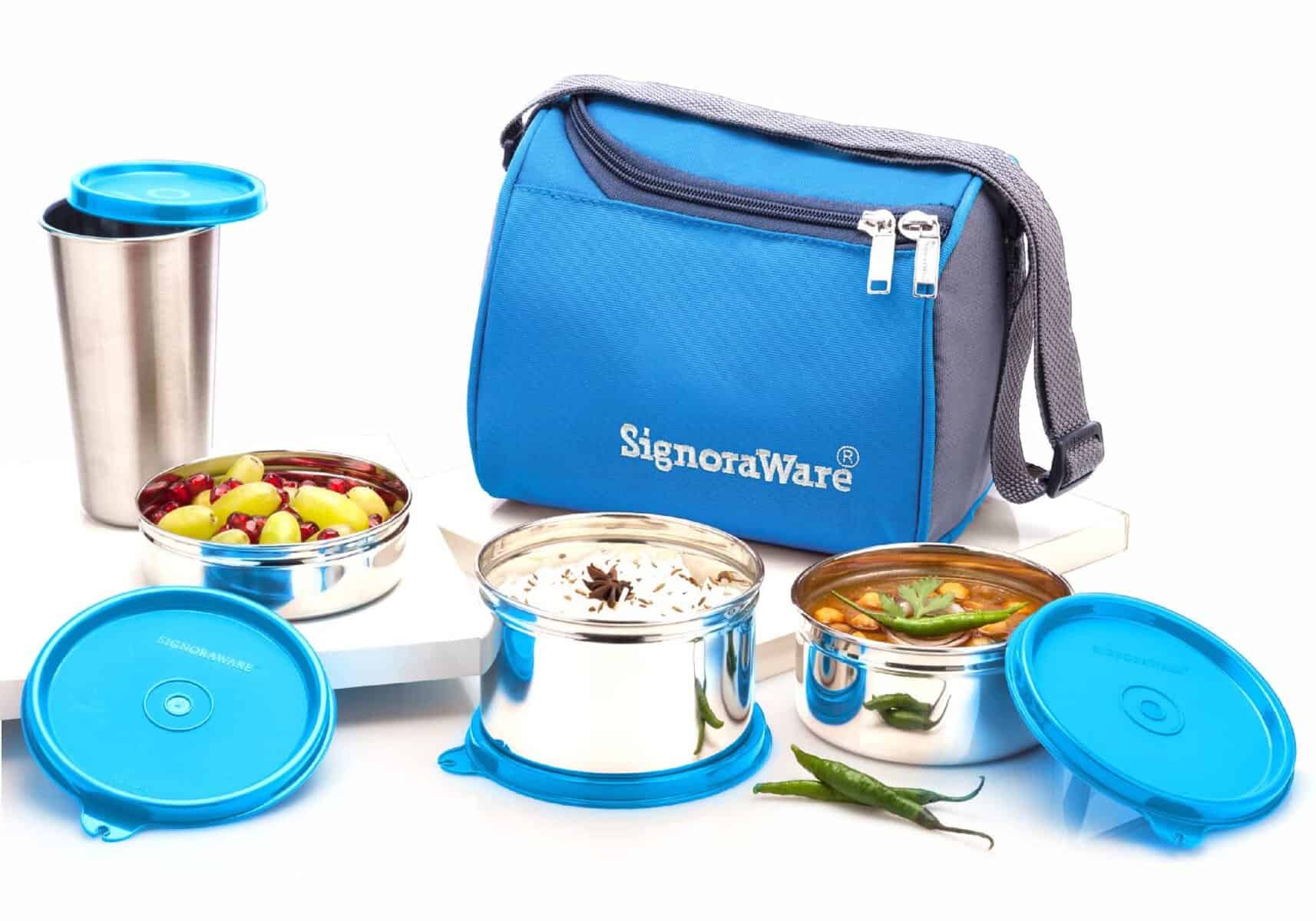 Signoraware Best Stainless-Steel Lunch Box Set 4 with Bag | Stainless-Steel Leak-Proof Containers | Full Meal Boxes (Container Size 350mlx1 | 500mlx1 | 200mlx1 & Glass Tumbler 370mlx1 | Colour Blue)