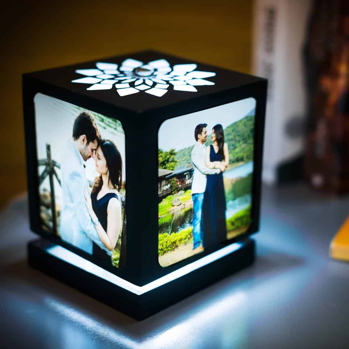 ZOCI VOCI Anniversary Gift Personalized with 4 Photos | Nostalgia Acrylic Rotating Photo Lamp, LED Photo Frames, HD Print Quality Matt Finish (Black, Medium)