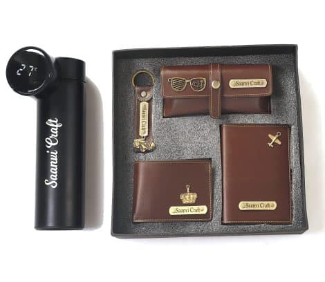 Saanvi Crafts presents a personalized combo including a LED flask bottle, passport cover, eye wear case, and keychain. Perfect for men, a great birthday gift.