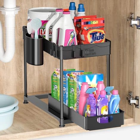 Black 2-Tier Under Sink Organizer by House of Quirk – Ideal for Bathroom and Kitchen Storage.