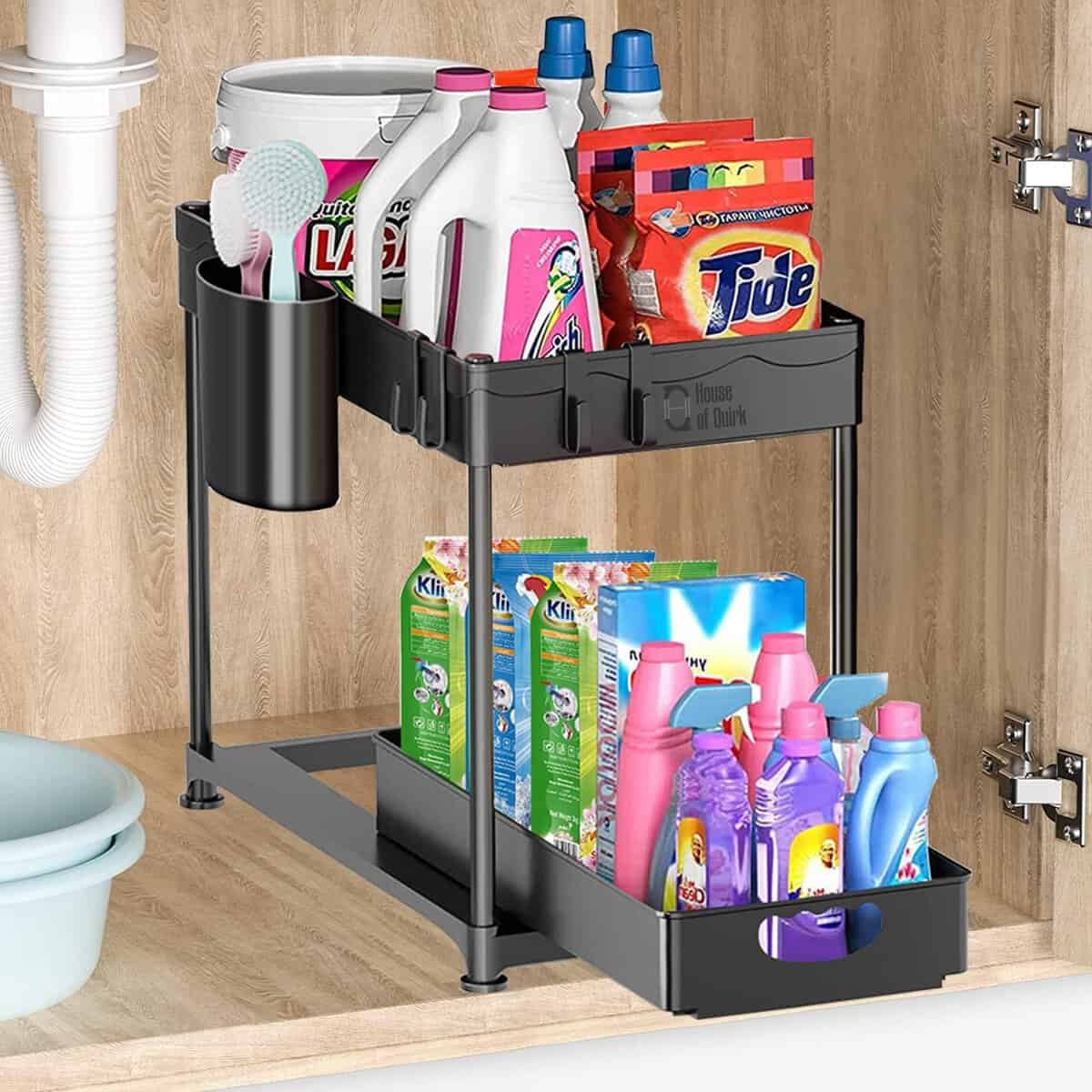 House of Quirk Under Sliding Cabinet Basket Organizer, 2 Tier Storage Under Cabinet Bathroom Under Sink Organizers and Storage Under Sink Storage for Bathroom Kitchen (Black)