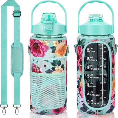 US1984 2000ml Sports Gallon Water Bottles with Sleeve, Big Motivational Gym Bottle, Straw, Handle, Leak-proof BPA-free Fitness Sports Bottle (Green).