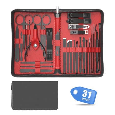 Tseoa’s Manicure Set for personal care. It includes a nail clipper kit with 31 pieces in a travel case. Ideal for gifting! (Black)