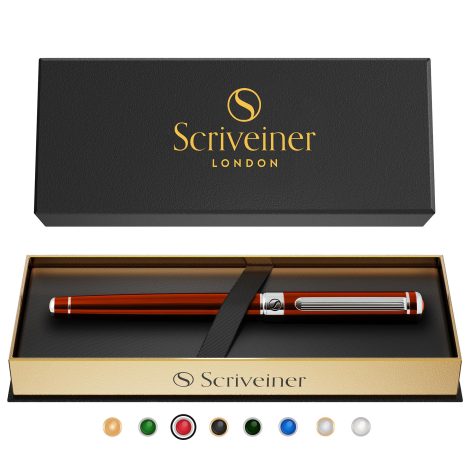 Scriveiner Deep Crimson Red Rollerball – Elegant red pen with shiny chrome finish, smooth Schmidt ink, perfect for professionals.