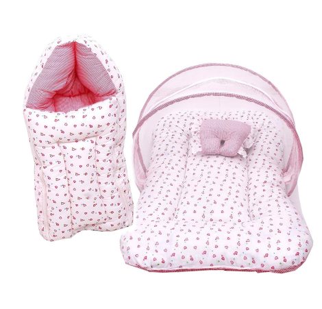 Fareto Baby Gift Set includes a pink mattress with net and sleeping bag, suitable for infants aged 0-6 months.