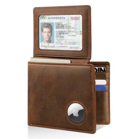 Genuine Leather RFID Blocking Wallet with AirTag Holder – Keep your cards safe and trackable. Perfect gift!