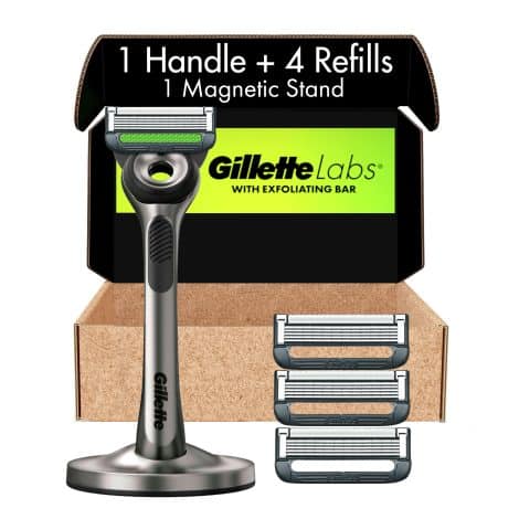 Gillette Men’s Razor Kit with Exfoliating Bar for Indian men, including handle, 4 blade refills, and a magnetic stand.