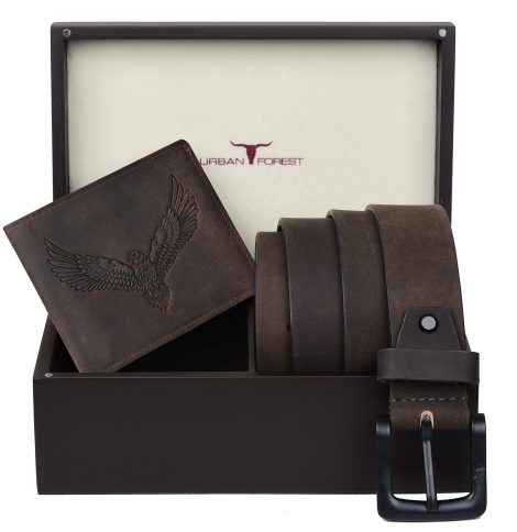 URBAN FOREST Zeke Vintage Brown Leather Wallet & Casual Brown Leather Belt Combo Gift Set for Men – Presented in a high-quality Wooden Box for Gifting.