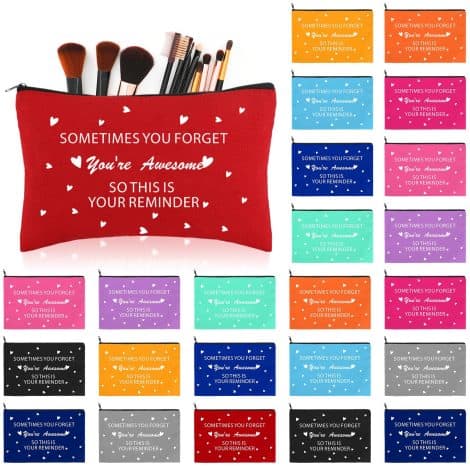 Inspirational Makeup Bag with 24 pieces, reminding you how amazing you are. Perfect gift for women and girls in 12 colors.