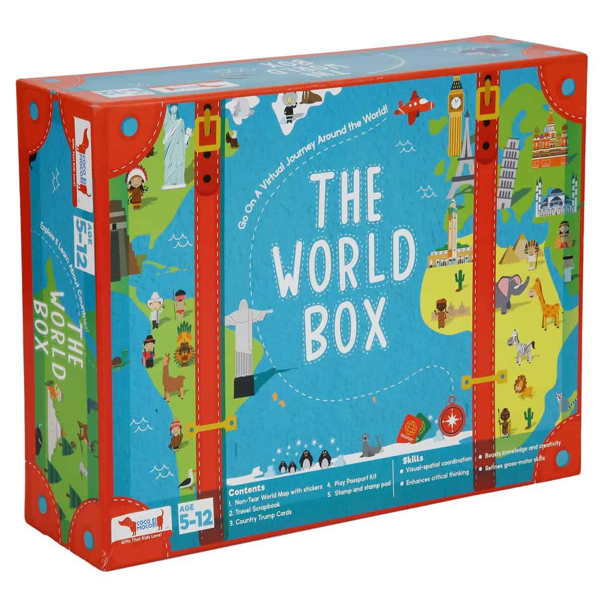 CocoMoco Kids World Box Learn Geography with Activity Box for Kids with World Map Activity Kit, Passport, Scrapbook, Country Trump Cards Educational STEM Toy