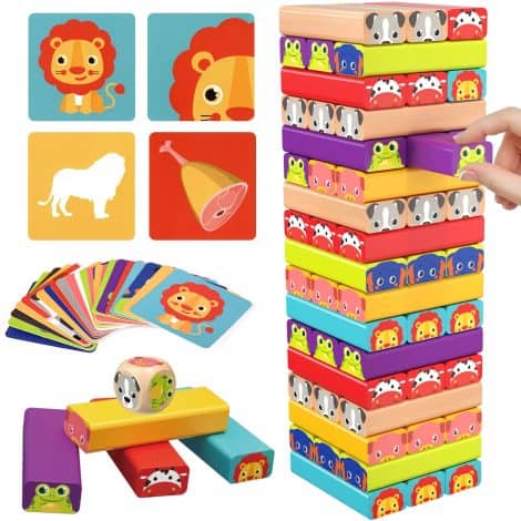 Colorful Wooden Stacking Game for Kids 4-8, Tumble Tower with 51 Pieces & 24 Cards. Perfect gift for Indian children.