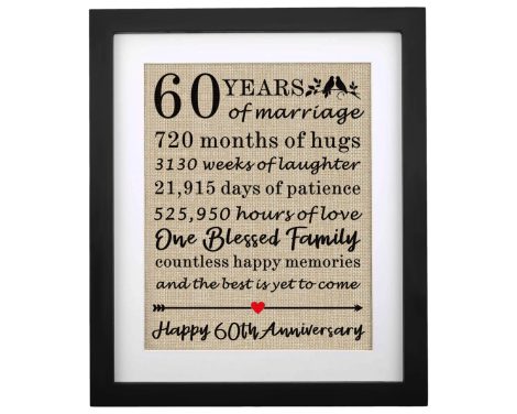 Special 60th anniversary framed burlap print to celebrate parents’ love. Perfect keepsake for grandma and grandpa.