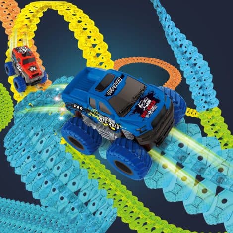 BoomCaCa Race Track, a 240-piece glow-in-the-dark magic car track set with LED light-up race car. Perfect for children aged 3-6. Ideal for Christmas and birthdays.