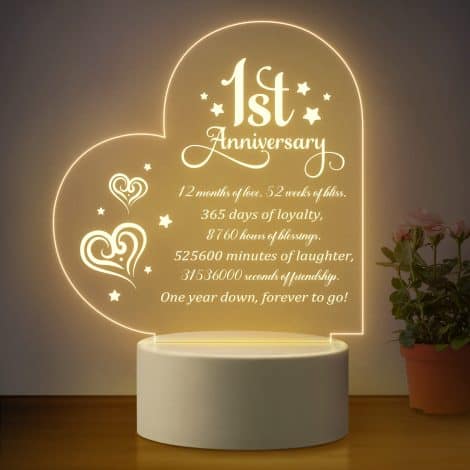 1st Anniversary Romantic Gift for Wife – Heart-Shaped Night Light with Cute Words, Perfect for Husband, Boyfriend, or Couple