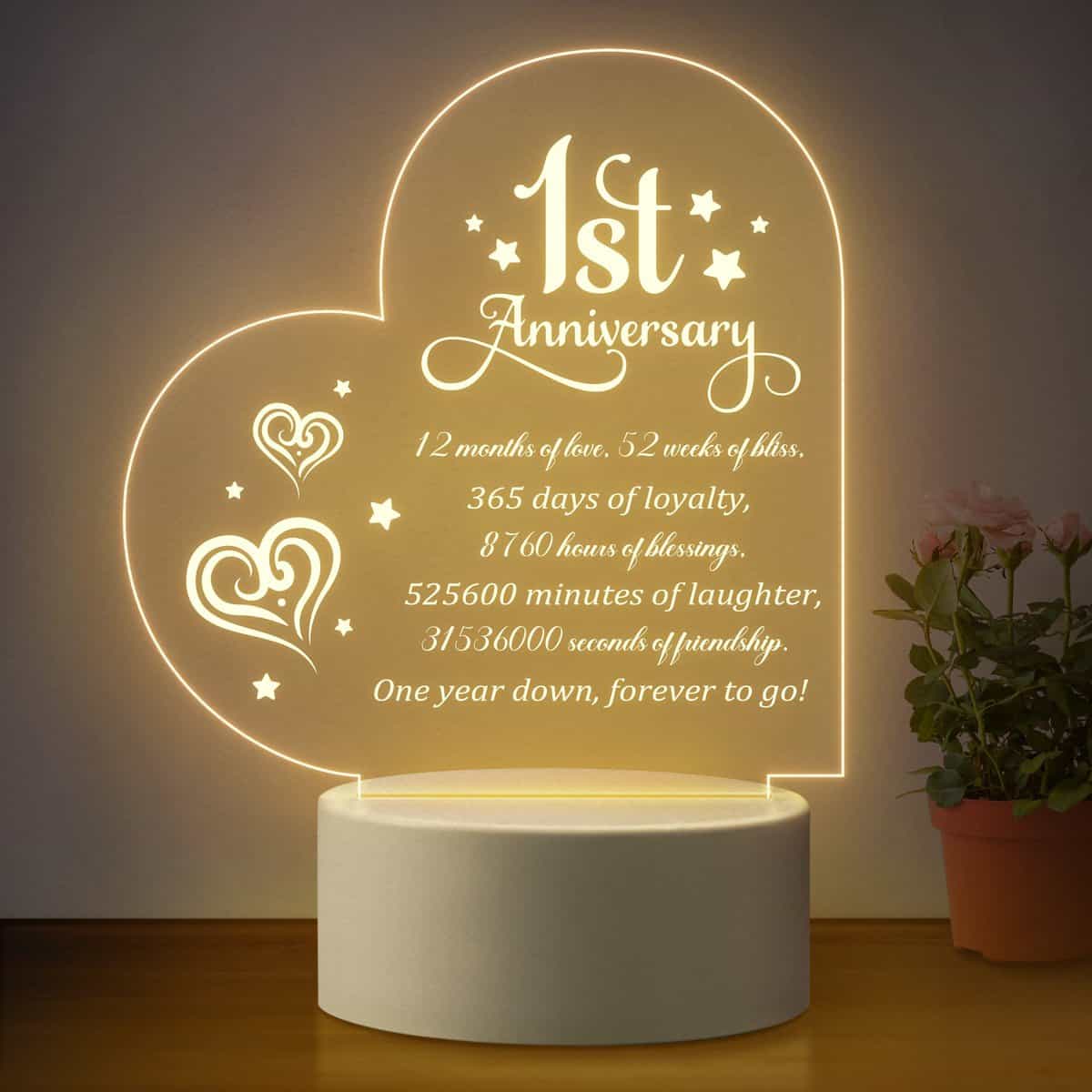 1 Year Anniversary Romantic Gifts for Girlfriend Wife, Unique 1st Gifts for Wife Anniversary, Heart-Shaped Night Light with Cute Words, First for Husband, Him, Boyfriend, Couple