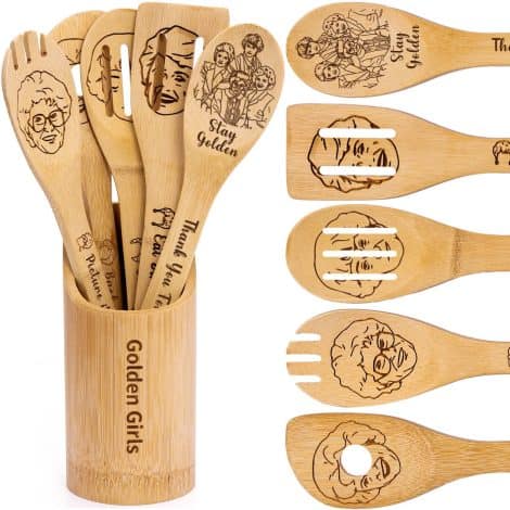 Golden Girls Wooden Cooking Spoons, a set of 5 classy bamboo utensils ideal for Indian kitchens. (G01)