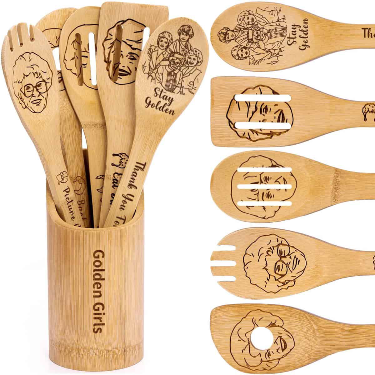 Golden Girls Wooden Cooking Spoons, Golden Girls TV Show Merchandise Gifts, Golden Girls Gifts for Women, The Golden Girls Gifts, 5PCS Bamboo Kitchen Utensils Set, (G01)