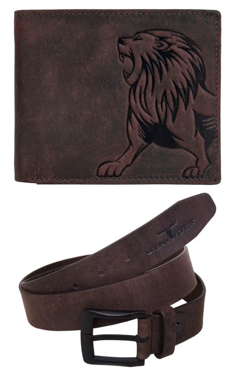 URBAN FOREST Luke Vintage Brown Leather Wallet & Brown Casual Leather Belt Combo – Perfect Gift Set for Men, presented in a Deluxe Wooden Box.