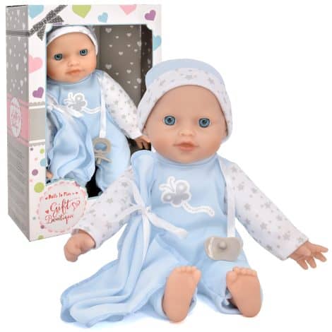 Soft-bodied baby doll for toddlers with pacifier, blanket, and blue clothes, presented in a gift box.