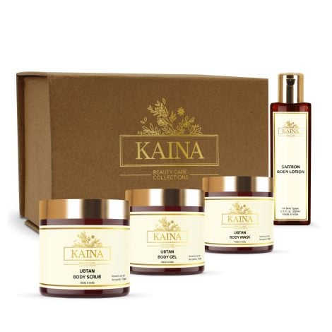 Kaina Body Glow Kit: Nurture your skin with organic saffron, olive oil, and herbal essentials. Eliminate tan, hydrate intensively.
